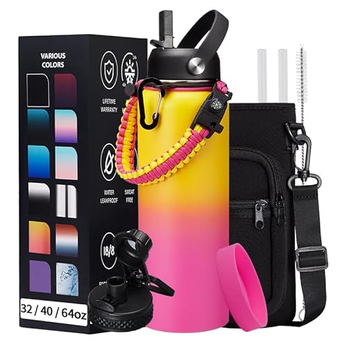 40OZ Insulated Stainless-Steel Water Bottle - Reusable Metal Water Bottles with Straw & Spout Lids  Paracord Handle & Bottle Carrier Pouch  Leakproof Workout Water Bottle Flask for Women Men